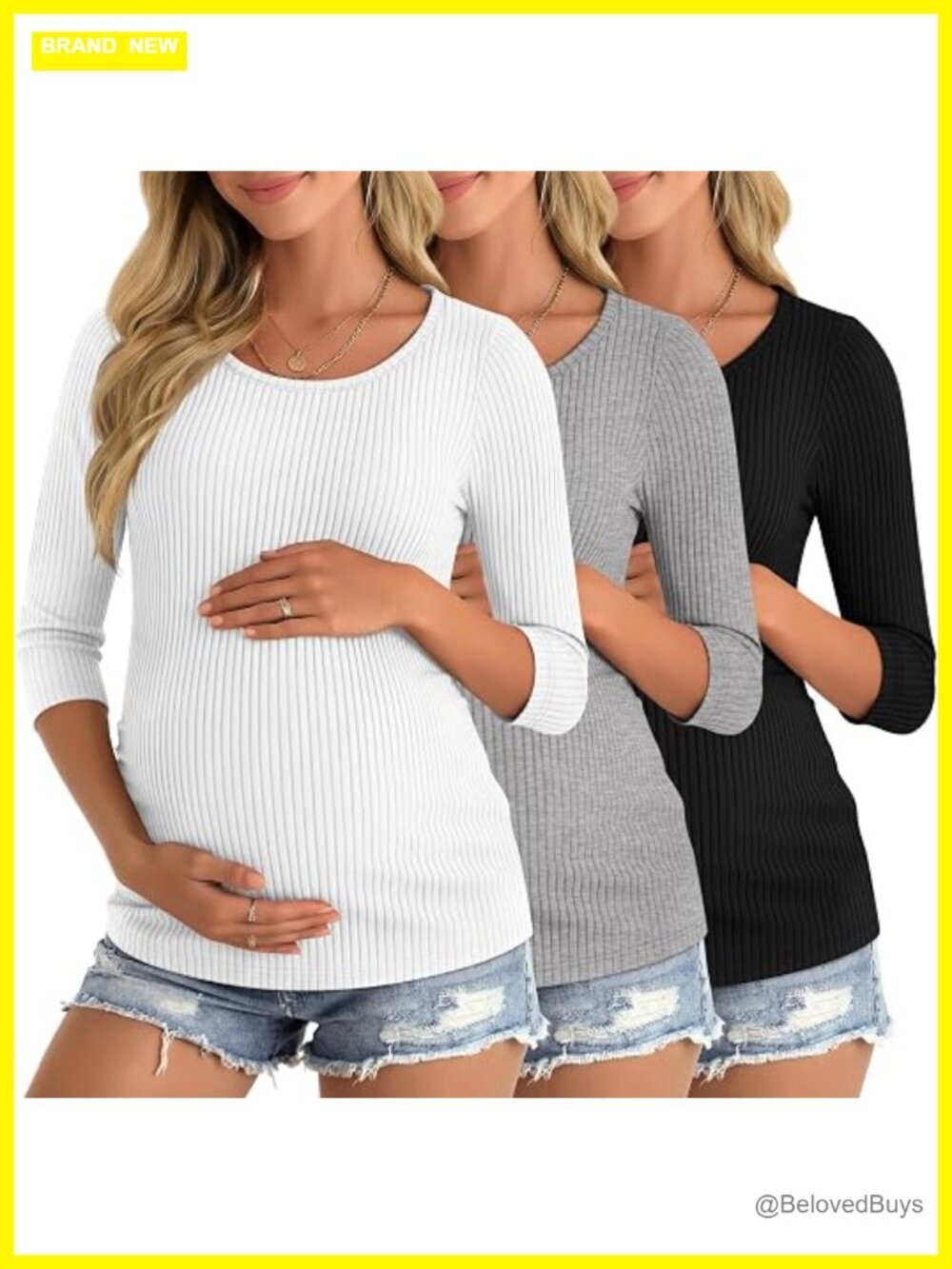 3 Pack Maternity 3/4 Sleeve Tops Ribbed Knit Work Tees